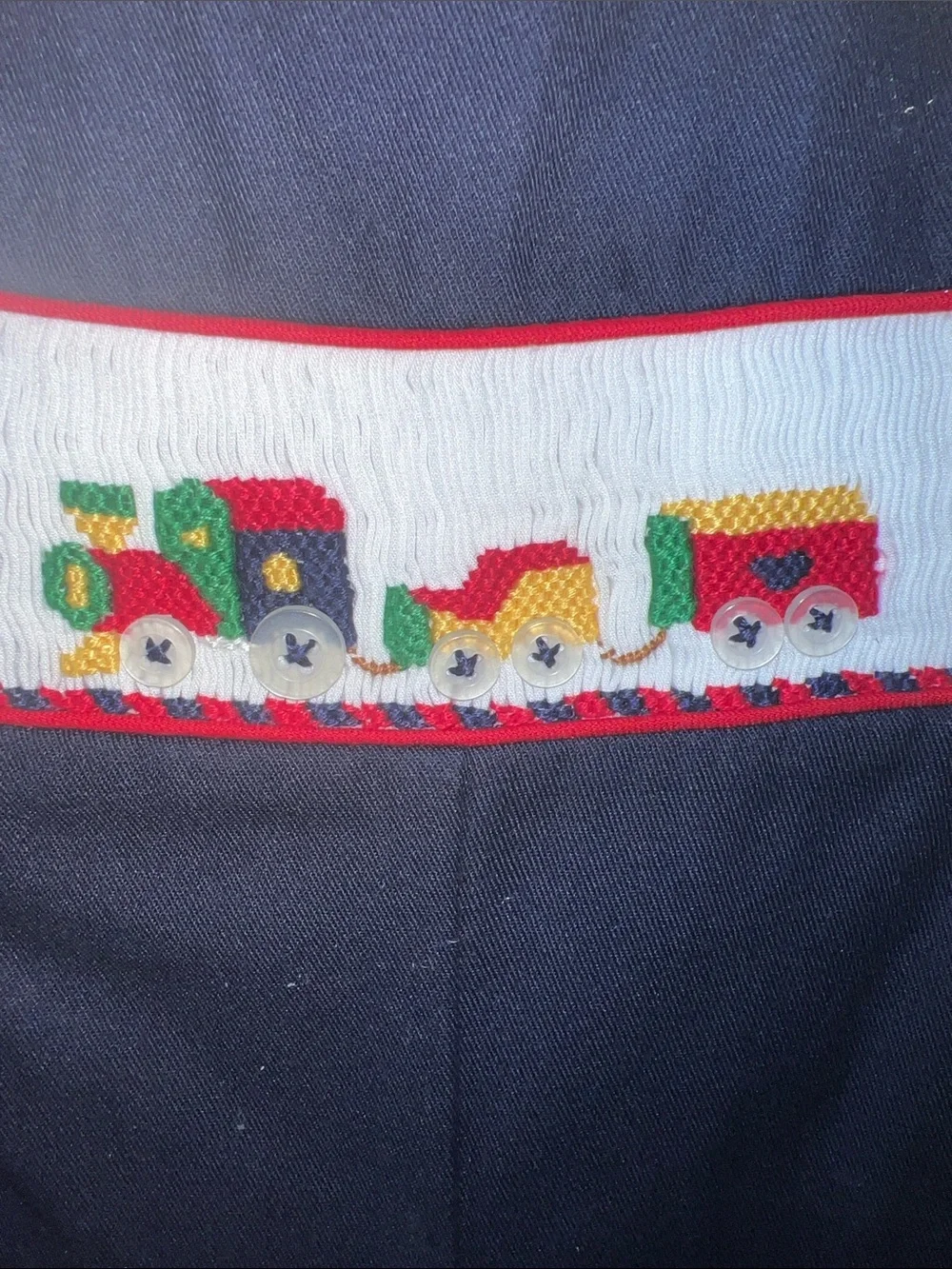 VTG 1990's Navy Hand Smocked Train Applique Baby Romper with White Shirt 18M